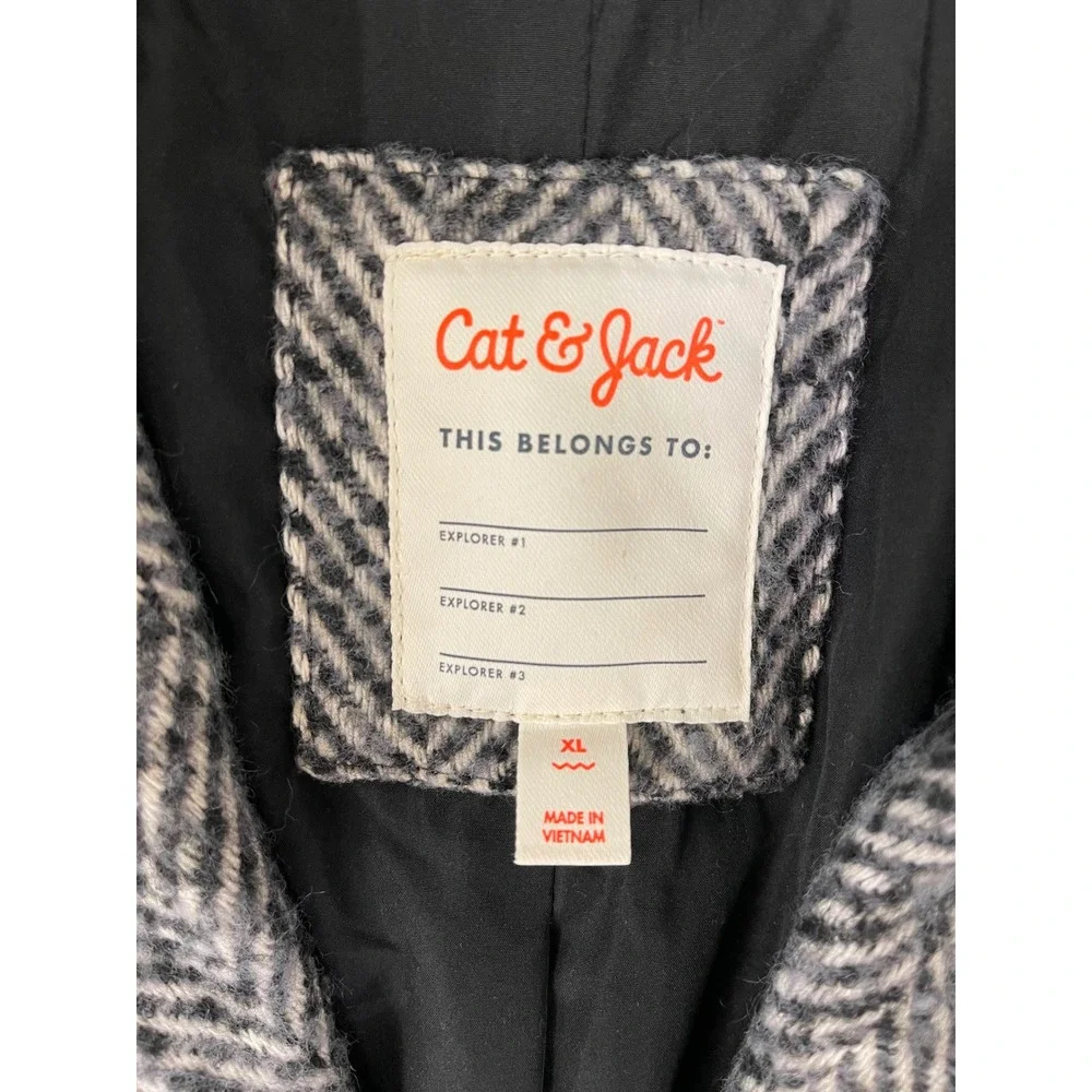 Cat & Jack Girls Long Herringbone Coat Black & Cream Size XL NWT
